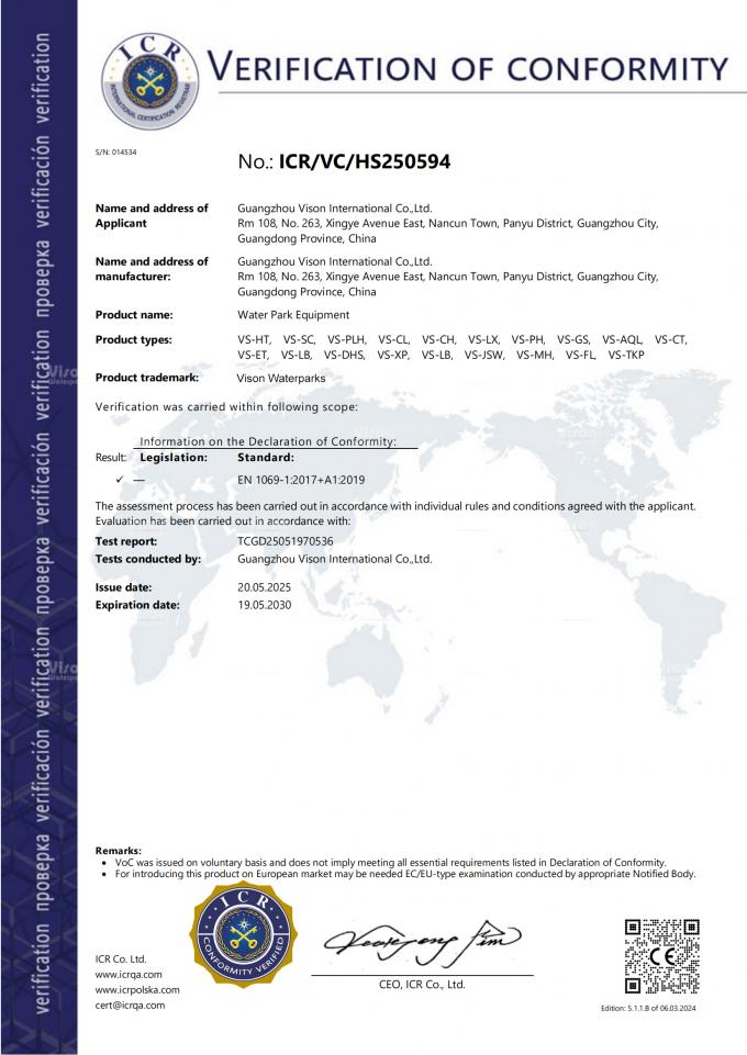 GUANGZHOU VISON INTERNATIONAL WATER PARK EQUIPMENT CO.,LTD Контроль качества